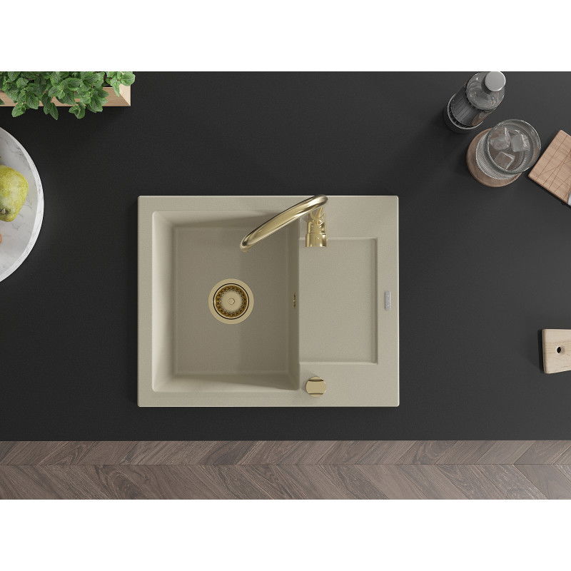 Mexen Enzo chiuvetă de granit cu o singură cuvă cu scurgător 576 x 465 mm, bej, sifon auriu - 6506571005-69-G