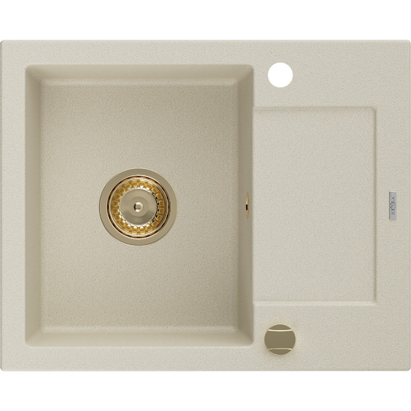 Mexen Enzo gránit mosogató 1 medencével, csepptálcával 576 x 465 mm, bézs, arany szifon - 6506571005-69-G