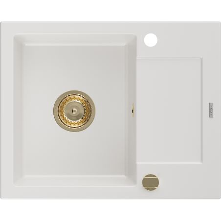 Mexen Enzo1-medencés gránit mosogató edényszárítóval 576 x 465 mm, Fehér, szifon Arany - 6506571005-20-G