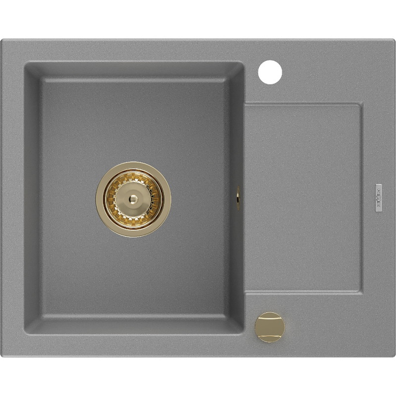 Mexen Enzo gránit egykamrás mosogató csepegtetőmedencével 576 x 465 mm, szürke, arany szifon - 6506571005-71-G