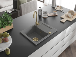 Mexen Enzo chiuvetă din granit cu 1 compartiment cu picurător 576 x 465 mm, gri, sifon Auriu - 6506571005-71-G