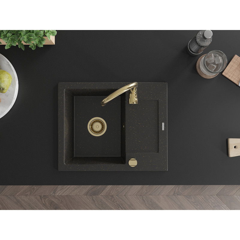 Mexen Enzo chiuvetă de granit cu 1 compartiment și picurător 576 x 465 mm, negru/auriu metalizat, sifon auriu - 6506571005-75-G