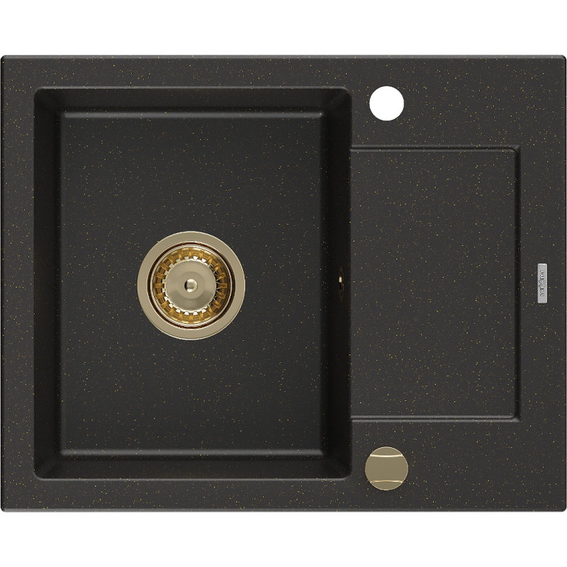 Mexen Enzo chiuvetă granitică cu 1 compartiment cu picurător 576 x 465 mm, negru/auriu metalizat, sifon auriu