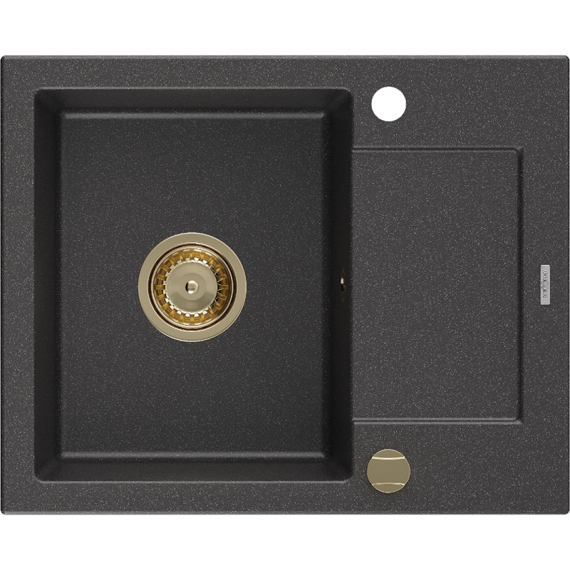 Mexen Enzo chiuvetă de bucătărie din granit cu 1 compartiment și scurgător 576 x 465 mm, neagră cu pete, sifon auriu