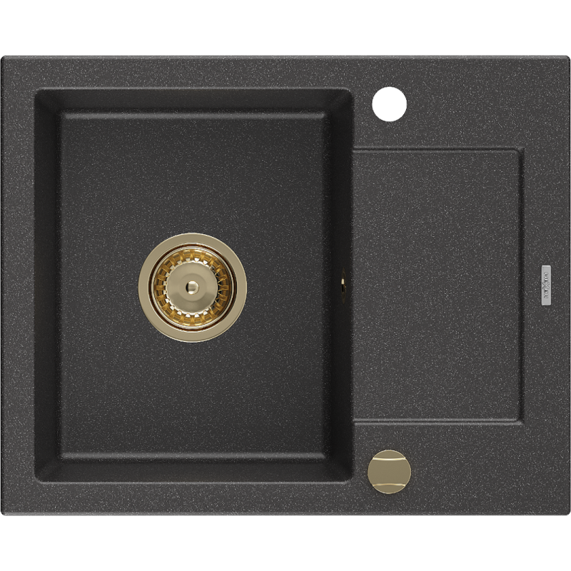 Mexen Enzo chiuvetă din granit cu 1 compartiment cu picurător 576 x 465 mm, Neagră picățele, sifon Auriu - 6506571005-76-G