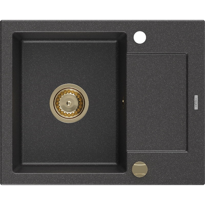 Mexen Enzo gránit mosogató egy medencés csepegtetővel 576 x 465 mm, fekete spriccelt, arany szifon - 6506571005-76-G