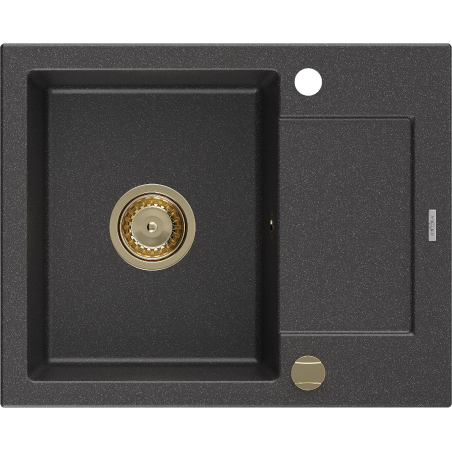 Mexen Enzo chiuvetă de bucătărie din granit cu 1 compartiment și scurgător 576 x 465 mm, neagră cu pete, sifon auriu