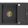 Mexen Enzo chiuvetă de bucătărie din granit cu 1 compartiment și scurgător 576 x 465 mm, neagră cu pete, sifon auriu