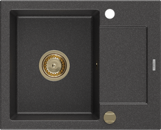 Mexen Enzo egymedencés gránit mosogató csepegtetővel 576 x 465 mm, fekete pettyes, arany szifonnal - 6506571005-76-G