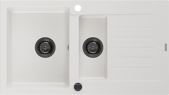 Mexen Matias chiuvetă din granit 1,5 camere cu scurgător 900 x 505 mm, alb, sifon negru - 6502901505-20-B