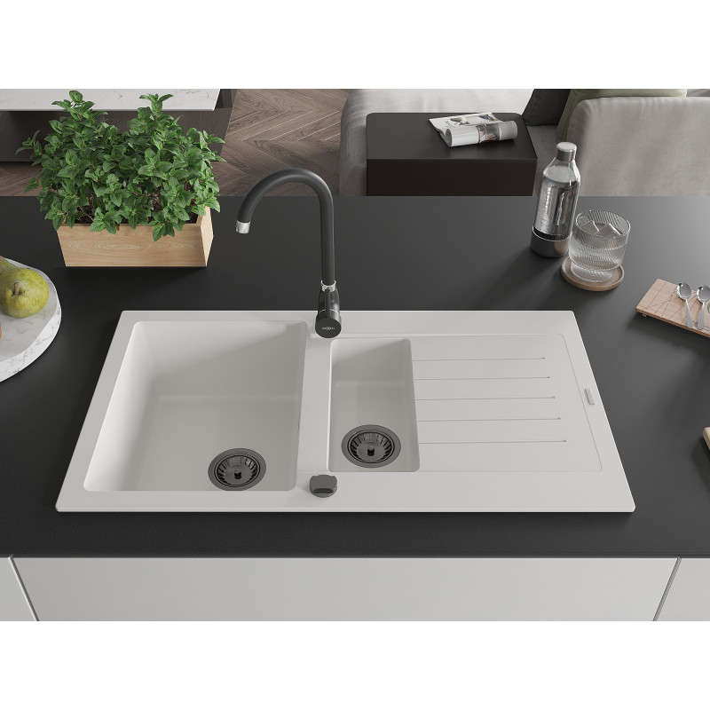 Mexen Matias chiuvetă din granit 1,5 compartiment cu scurgător 900 x 505 mm, alb, sifon negru - 6502901505-20-B