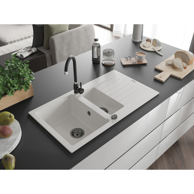 Mexen Matias chiuvetă din granit 1,5 compartiment cu scurgător 900 x 505 mm, alb, sifon negru - 6502901505-20-B