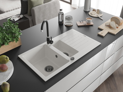 Mexen Matias chiuvetă de granit cu 1,5 compartiment cu picurător 900 x 505 mm, Albă, sifon Neagră - 6502901505-20-B