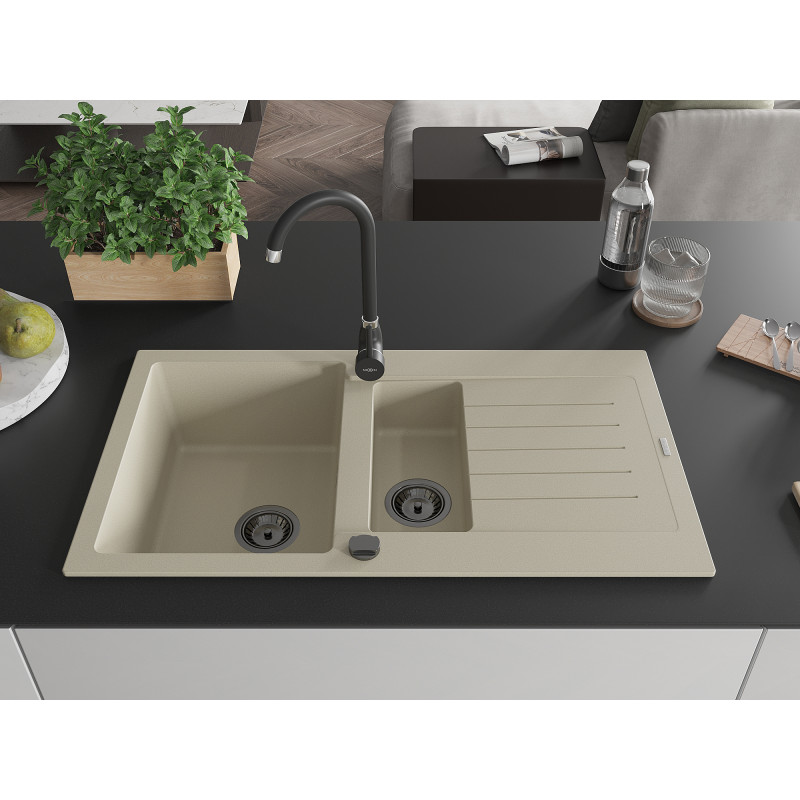 Mexen Matias chiuvetă din granit cu 1,5 bol cu scurgător 900 x 505 mm, bej, sifon negru - 6502901505-69-B