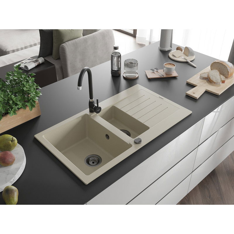 Mexen Matias chiuvetă de granit cu 1,5 cuve cu scurgător 900 x 505 mm, bej, sifon negru - 6502901505-69-B