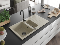 Mexen Matias chiuvetă de granit cu 1,5 compartiment cu picurător 900 x 505 mm, Bej, sifon Neagră - 6502901505-69-B