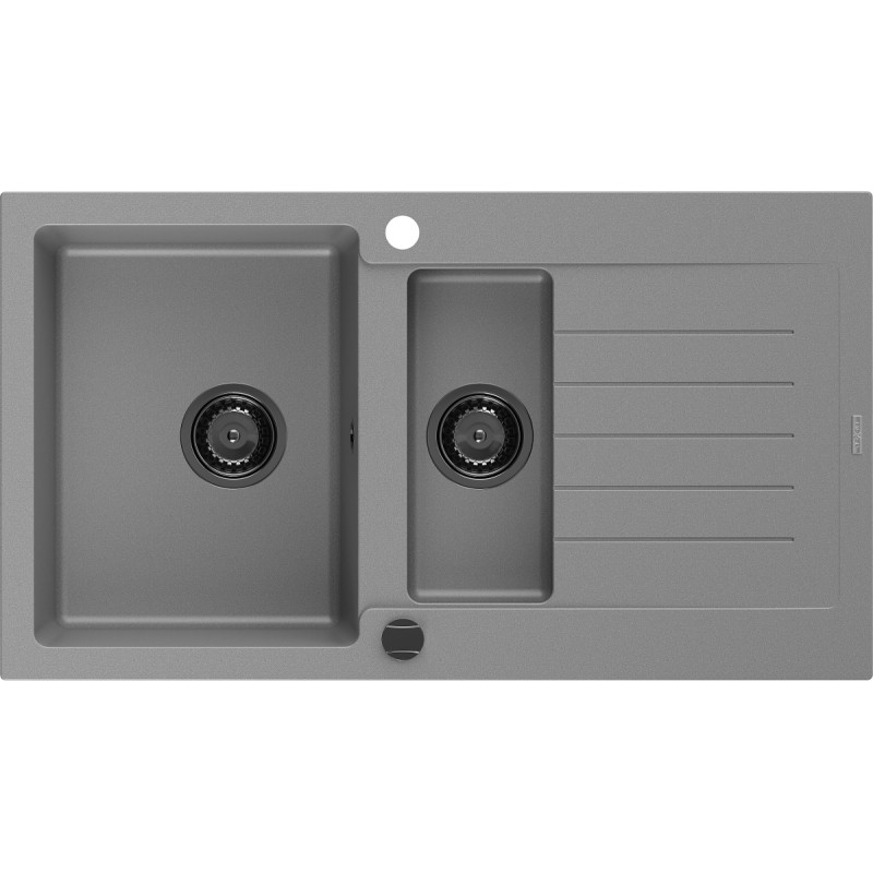 Mexen Matias 1,5 medencés gránit mosogató csepegtetővel, 900 x 505 mm, szürke, fekete szifon - 6502901505-71-B