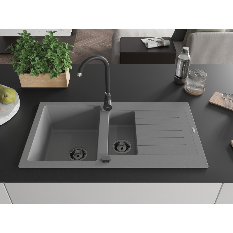 Mexen Matias chiuvetă din granit cu 1,5 compartiment și scurgător, 900 x 505 mm, gri, sifon negru - 6502901505-71-B