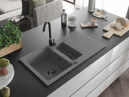Mexen Matias chiuvetă de granit cu 1,5 compartiment cu picurător 900 x 505 mm, gri, sifon Neagră - 6502901505-71-B