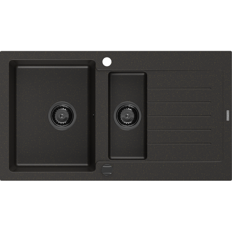 Mexen Matias chiuvetă din granit, cu 1,5 cuve și scurgător, 900 x 505 mm, negru/oro metalic, sifon negru - 6502901505-75-B