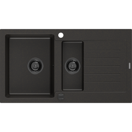 Mexen Matias chiuvetă din granit, cu 1,5 cuve și scurgător, 900 x 505 mm, negru/oro metalic, sifon negru - 6502901505-75-B