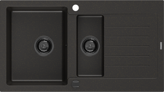 Mexen Matias chiuvetă din granit, cu 1,5 cuve și scurgător, 900 x 505 mm, negru/oro metalic, sifon negru - 6502901505-75-B