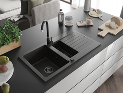 Mexen Matias chiuvetă granit 1,5 camere cu picurător 900 x 505 mm, negru/auriu metalic, sifon negru - 6502901505-75-B