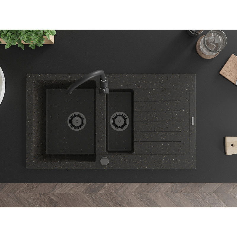 Mexen Matias 1,5-medencés gránit mosogató lecsurgatóval 900 x 505 mm, fekete/arany metál, fekete szifon - 6502901505-75-B
