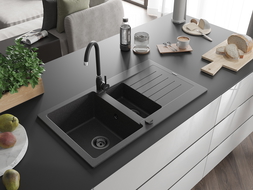 Mexen Matias chiuvetă de granit cu 1,5 compartiment cu picurător 900 x 505 mm, Neagră picățele, sifon Neagră - 6502901505-76-B