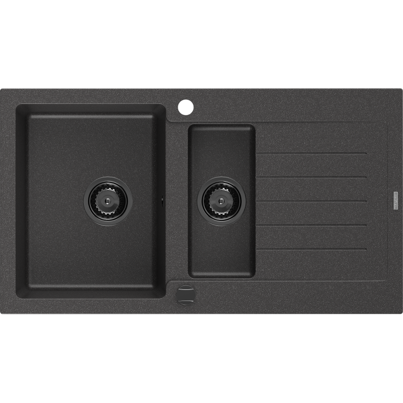Mexen Matias chiuvetă granitică 1,5 compartimente cu scurgător 900 x 505 mm, neagră cu pete, sifon negru - 6502901505-76-B