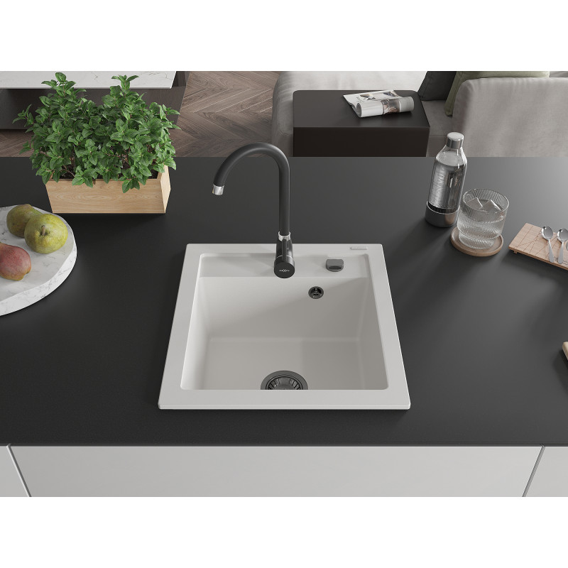 Mexen Vito chiuvetă de bucătărie din granit, 1 bazin, 520 x 490 mm, alb, sifon negru - 6503521000-20-B