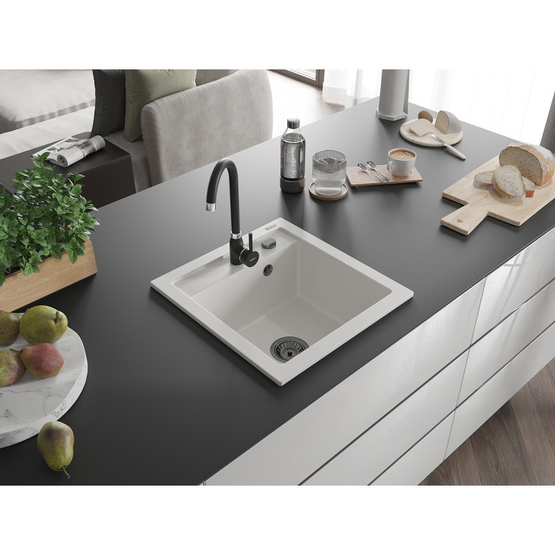 Mexen Vito chiuvetă de bucătărie din granit, 1 bazin, 520 x 490 mm, alb, sifon negru - 6503521000-20-B