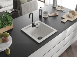 Mexen Vito chiuvetă de granit cu o singură cuvă 520 x 490 mm, albă, sifon negru - 6503521000-20-B