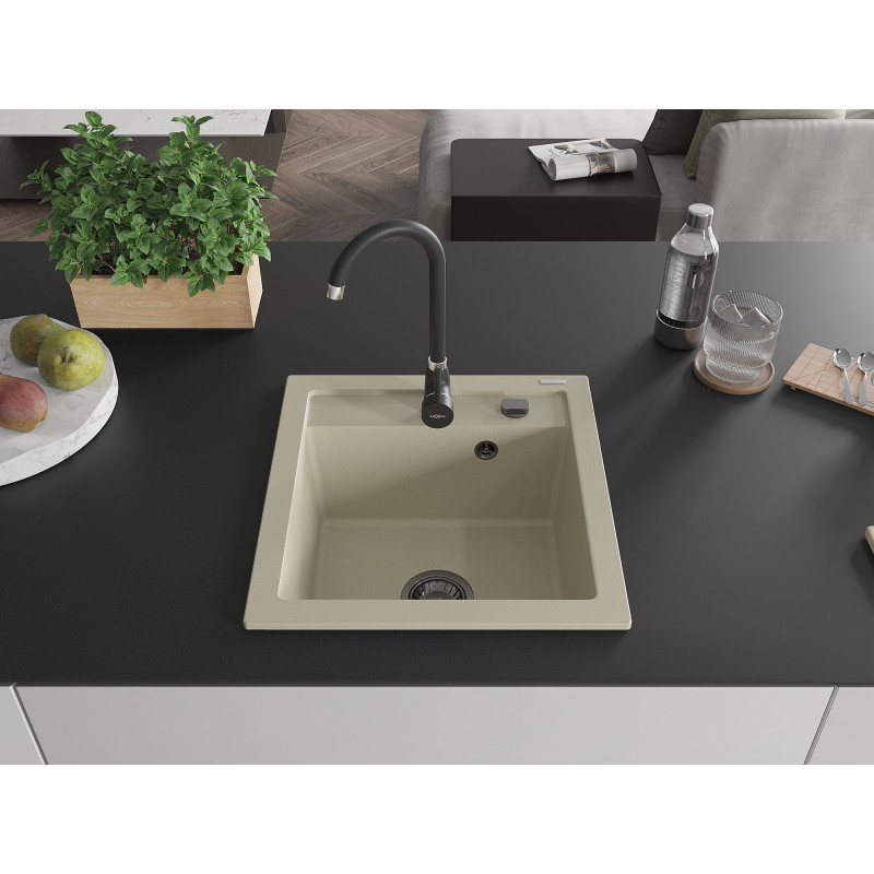 Mexen Vito chiuvetă de granit cu 1 cuvă 520 x 490 mm, bej, sifon negru - 6503521000-69-B