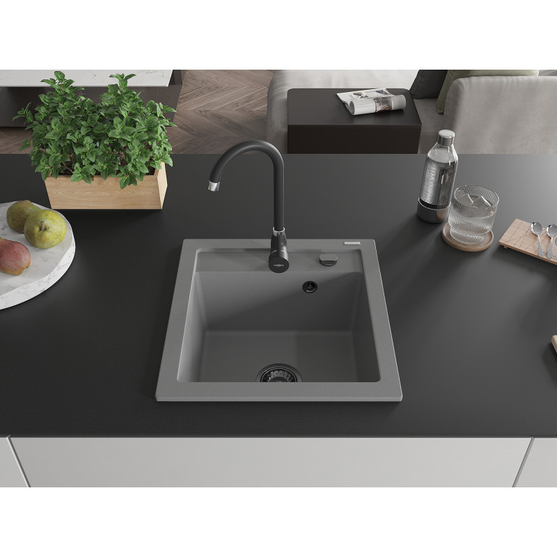 Mexen Vito gránit mosogató 1 rekeszes 520 x 490 mm, szürke, fekete szifonnal - 6503521000-71-B