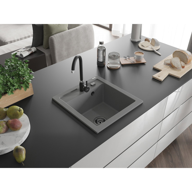 Mexen Vito chiuvetă de granit cu 1 cuvă 520 x 490 mm, gri, sifon negru - 6503521000-71-B