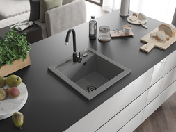 Mexen Vito chiuvetă din granit cu 1 compartiment 520 x 490 mm, gri, sifon negru - 6503521000-71-B