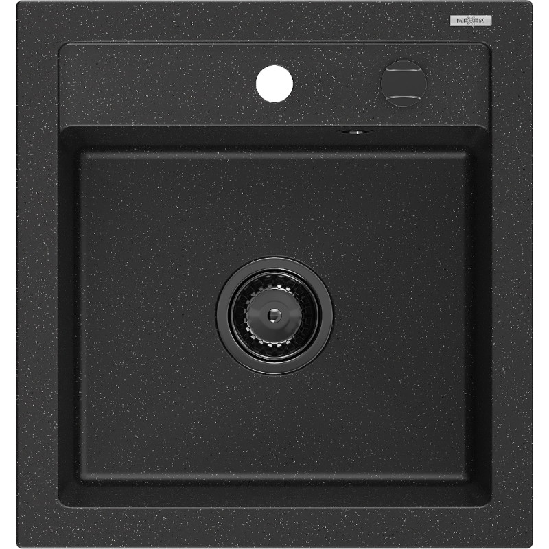 Mexen Vito gránit mosogató 1 rekeszes, 520 x 490 mm, fekete/ezüst metál, fekete szifon - 6503521000-73-B