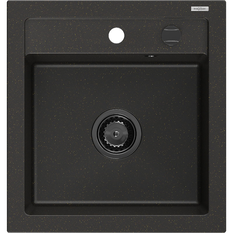 Mexen Vito gránit egymedencés mosogató 520 x 490 mm, fekete/arany metál, fekete szifon - 6503521000-75-B