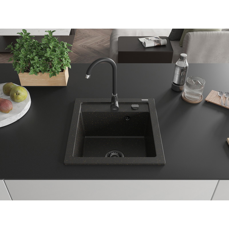 Mexen Vito gránit mosogató 1-medencés 520 x 490 mm, fekete/arany metál, fekete szifon - 6503521000-75-B