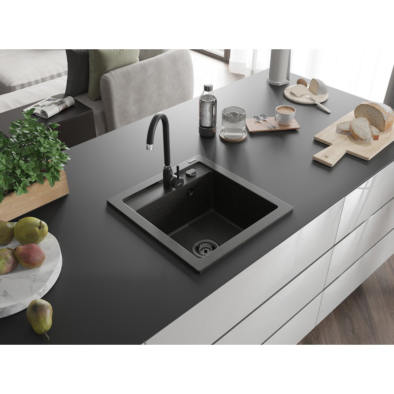 Mexen Vito chiuvetă de granit cu 1 compartiment 520 x 490 mm, negru/auriu metalic, sifon negru - 6503521000-75-B