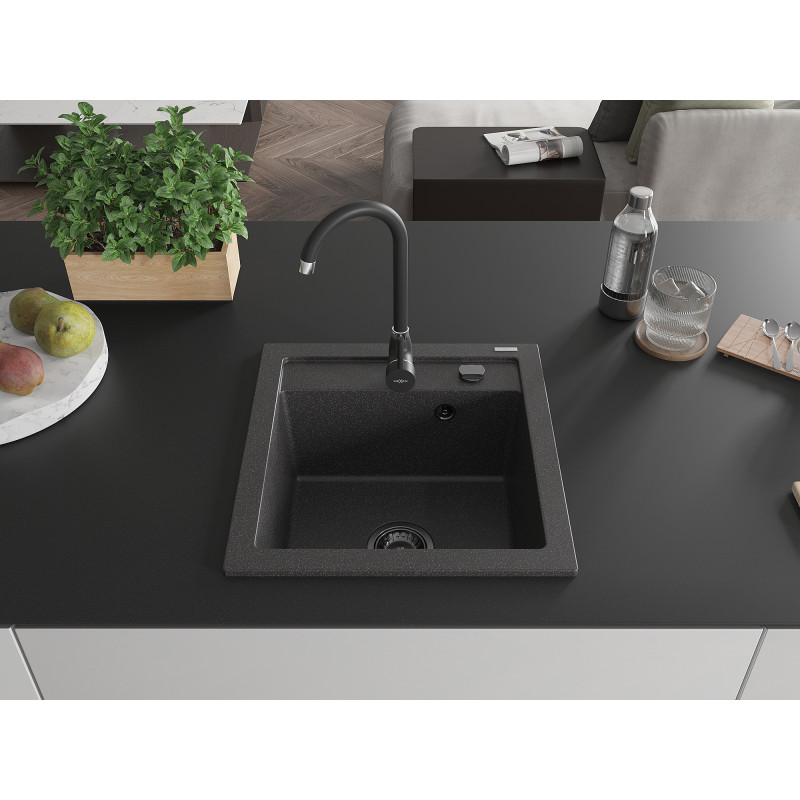Mexen Vito gránit mosogató 1-medencés 520 x 490 mm, fekete fröcskölt, fekete szifon - 6503521000-76-B