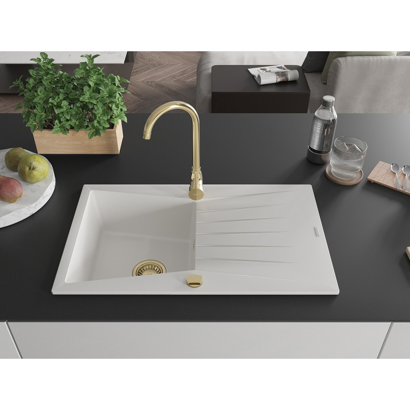 Mexen Cesar chiuvetă granit 1 cuvă cu scurgător 775 x 470 mm, alb, sifon auriu - 6514771010-20-G
