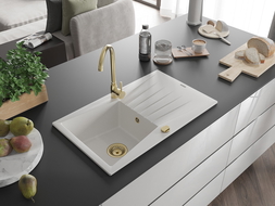 Mexen Cesar chiuvetă de granit cu 1 compartiment cu picurător 775 x 470 mm, alb, sifon auriu - 6514771010-20-G