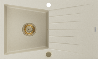 Mexen Cesar chiuvetă de granit cu o singură cuvă și scurgător 775 x 470 mm, bej, sifon auriu - 6514771010-69-G