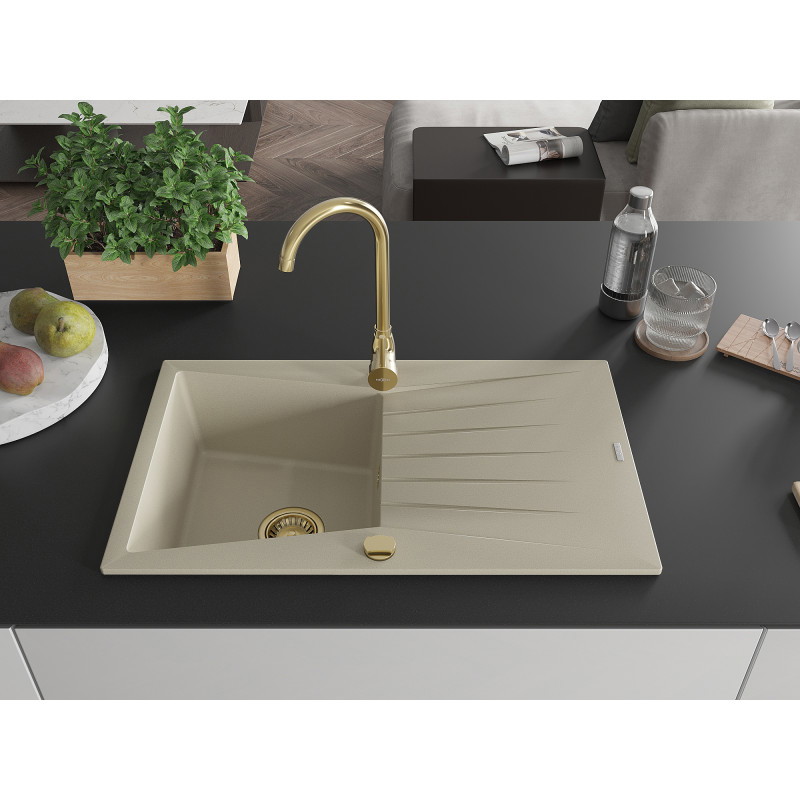 Mexen Cesar chiuvetă de granit cu 1 compartiment și scurgător 775 x 470 mm, bej, sifon auriu - 6514771010-69-G