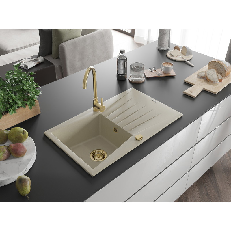 Mexen Cesar 1 rekeszes, csepptálcás gránit mosogató 775 x 470 mm, bézs, arany szifon - 6514771010-69-G