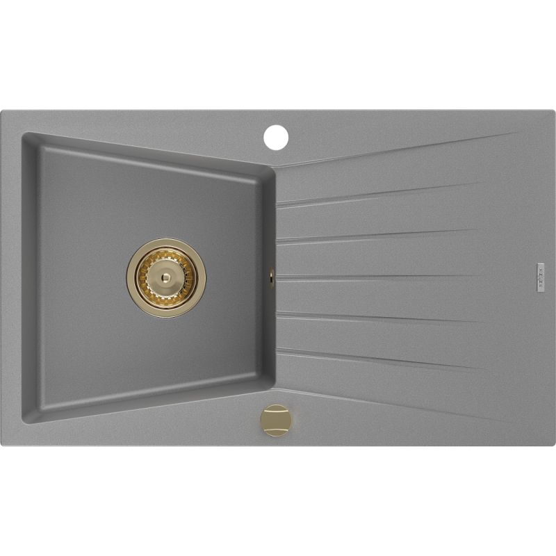 Mexen Cesar chiuvetă de granit cu 1 compartiment și scurgător 775 x 470 mm, gri, sifon auriu - 6514771010-71-G