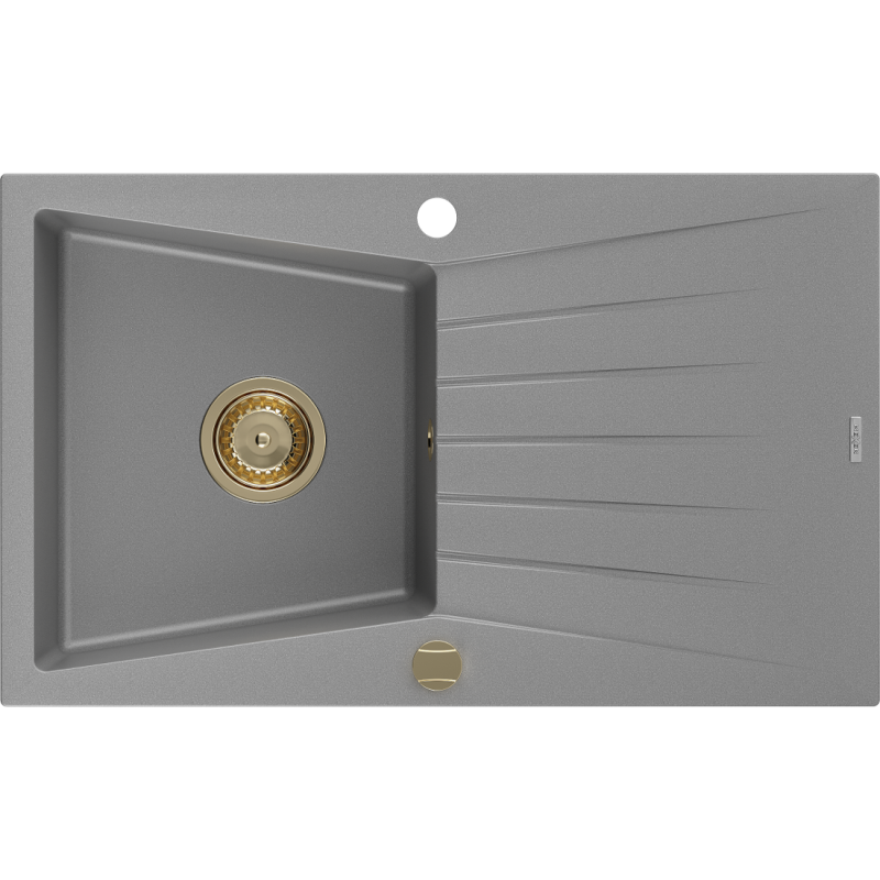 Mexen Cesar chiuvetă de granit cu o cuvă și scurgător 775 x 470 mm, gri, sifon auriu - 6514771010-71-G