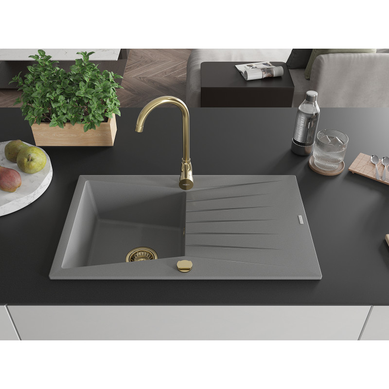 Mexen Cesar gránit mosogató 1 rekesszel, csepegtetővel, 775 x 470 mm, szürke, arany szifon - 6514771010-71-G
